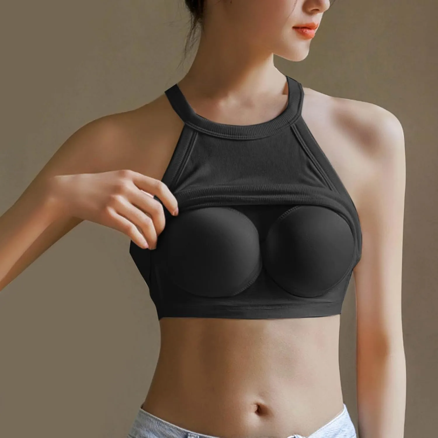 Racerback Ribbed Tank Tops for Women Round Neck Shapewear Built-in Bra Tank High Strechy Fitted Tank Tops Undershirt