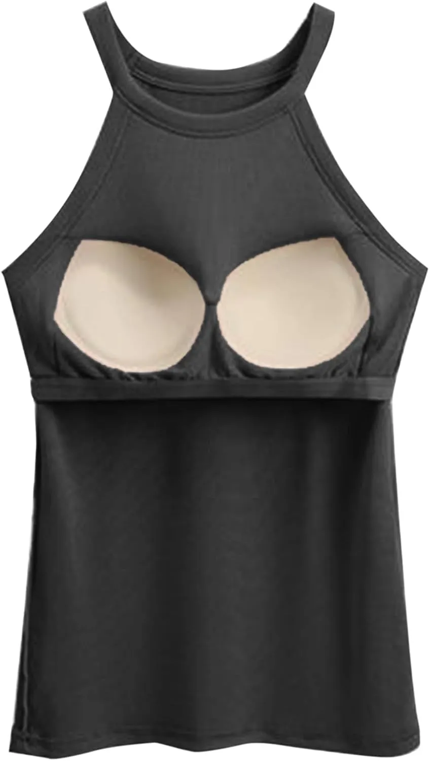 Racerback Ribbed Tank Tops for Women Round Neck Shapewear Built-in Bra Tank High Strechy Fitted Tank Tops Undershirt