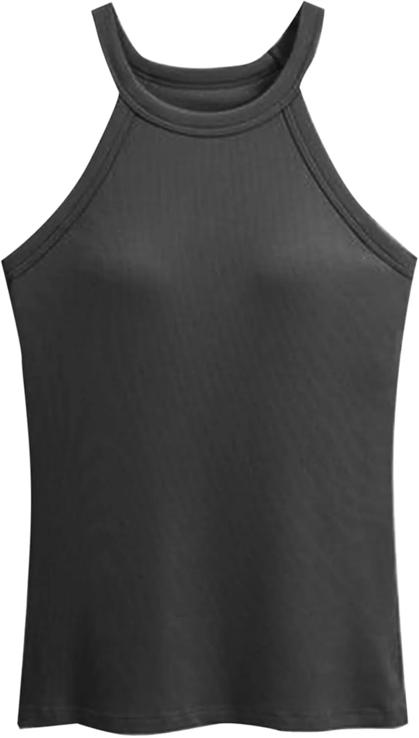 Racerback Ribbed Tank Tops for Women Round Neck Shapewear Built-in Bra Tank High Strechy Fitted Tank Tops Undershirt
