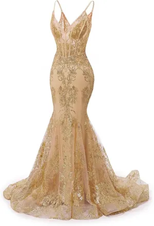 Raseal Women's Spaghetti Straps Tulle Prom Dresses Long Appliques Lace Glitter Mermaid Evening Party Dress RS082