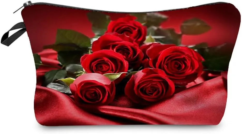 Red Rose Floral Makeup Bag Cute Small Makeup Organizer Bag Travel Toiletry Zipper Pouch Birthday Christmas Valentine Gift Floral Rose Makeup Bag for Women Friends