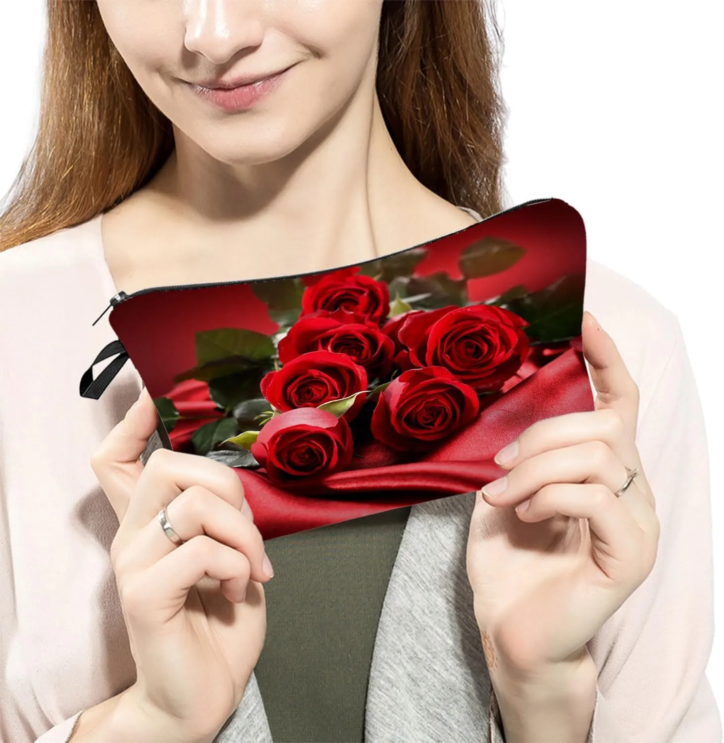 Red Rose Floral Makeup Bag Cute Small Makeup Organizer Bag Travel Toiletry Zipper Pouch Birthday Christmas Valentine Gift Floral Rose Makeup Bag for Women Friends