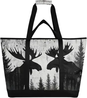 Retro Moose Trees Large Insulated Tote Bag for Grocery Shopping Reusable Tote Bags for Women Men, Cooler Bag with Zippered Top & Handles for Beach Picnic Travel