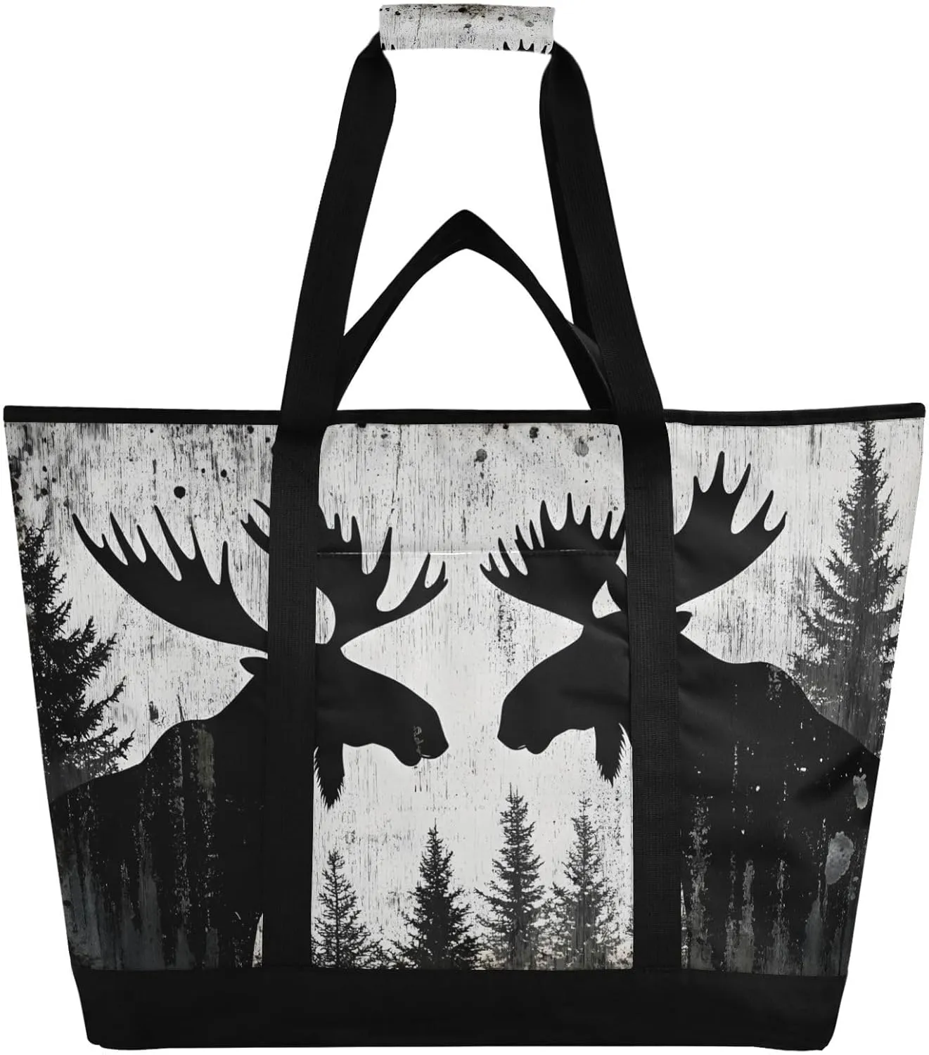 Retro Moose Trees Large Insulated Tote Bag for Grocery Shopping Reusable Tote Bags for Women Men, Cooler Bag with Zippered Top & Handles for Beach Picnic Travel