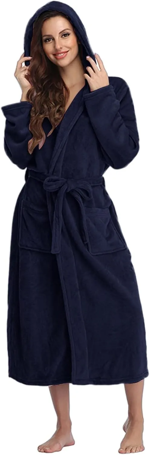 Robes For Women With Hood Long Terry Cloth Warm Bathrobe Plush Soft Lounge Kimono Lightweight Nightgown Sleepwear