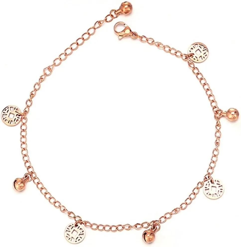 Rose Gold Anklet, Beach Anklets for Men with Coin and Bells Oval Body Chains Stainless Steel 25cm