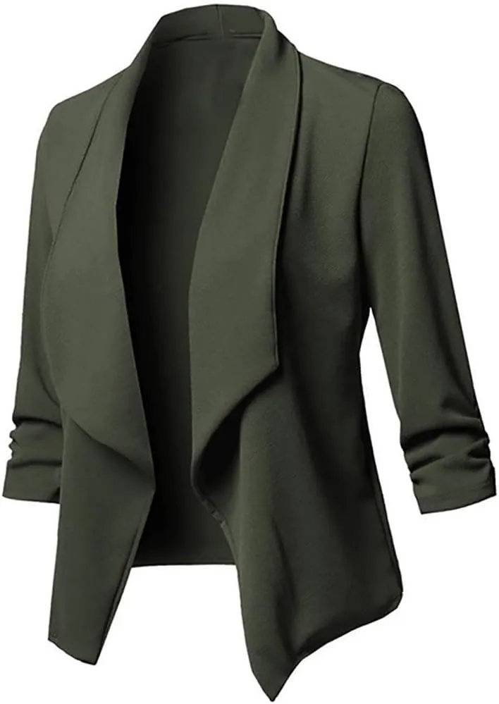 Ruched 3/4 Sleeve Open Front Draped Blazers Business Casual Basic Work Jackets for Womens Clothes with Plus Size