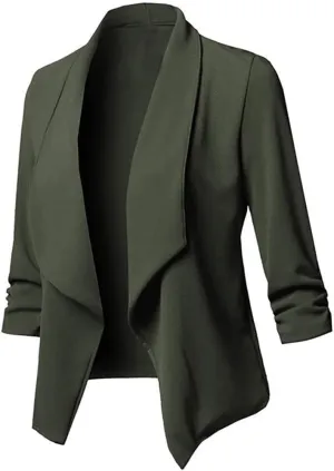 Ruched 3/4 Sleeve Open Front Draped Blazers Business Casual Basic Work Jackets for Womens Clothes with Plus Size