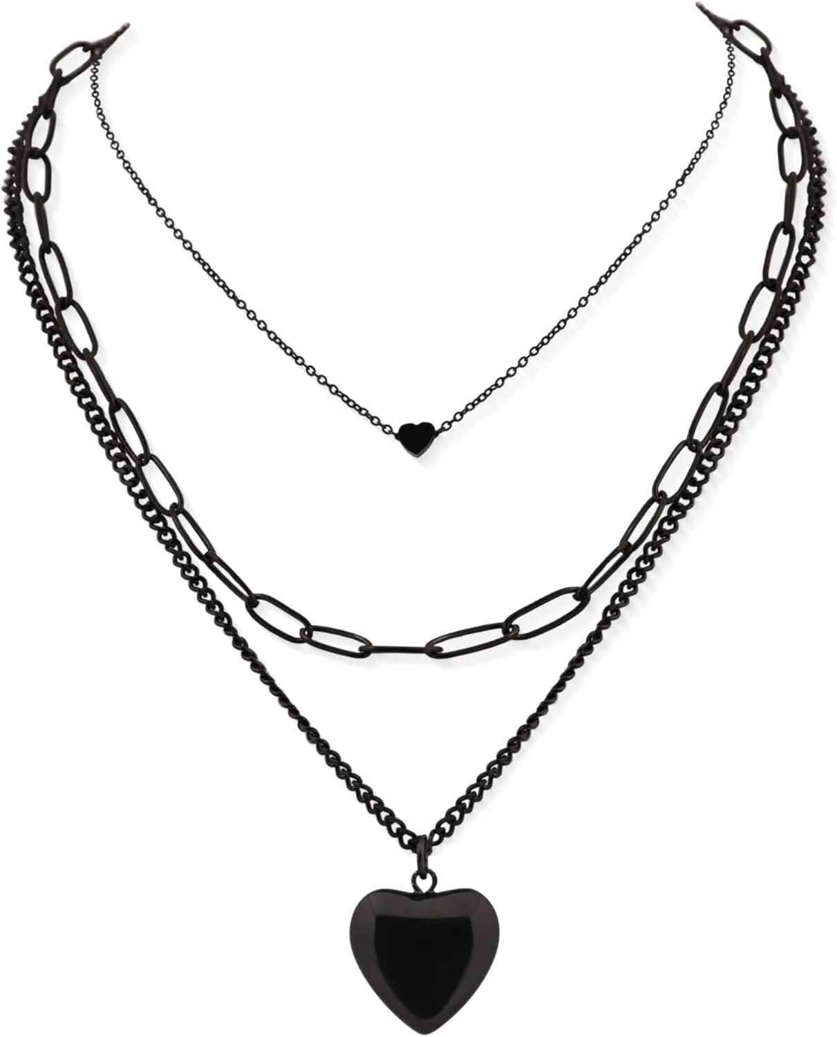 Sacina Goth Layered Black Heart Pendant Necklace, Grunge Necklace, Gothic Necklace, Punk Necklace, Emo Necklace