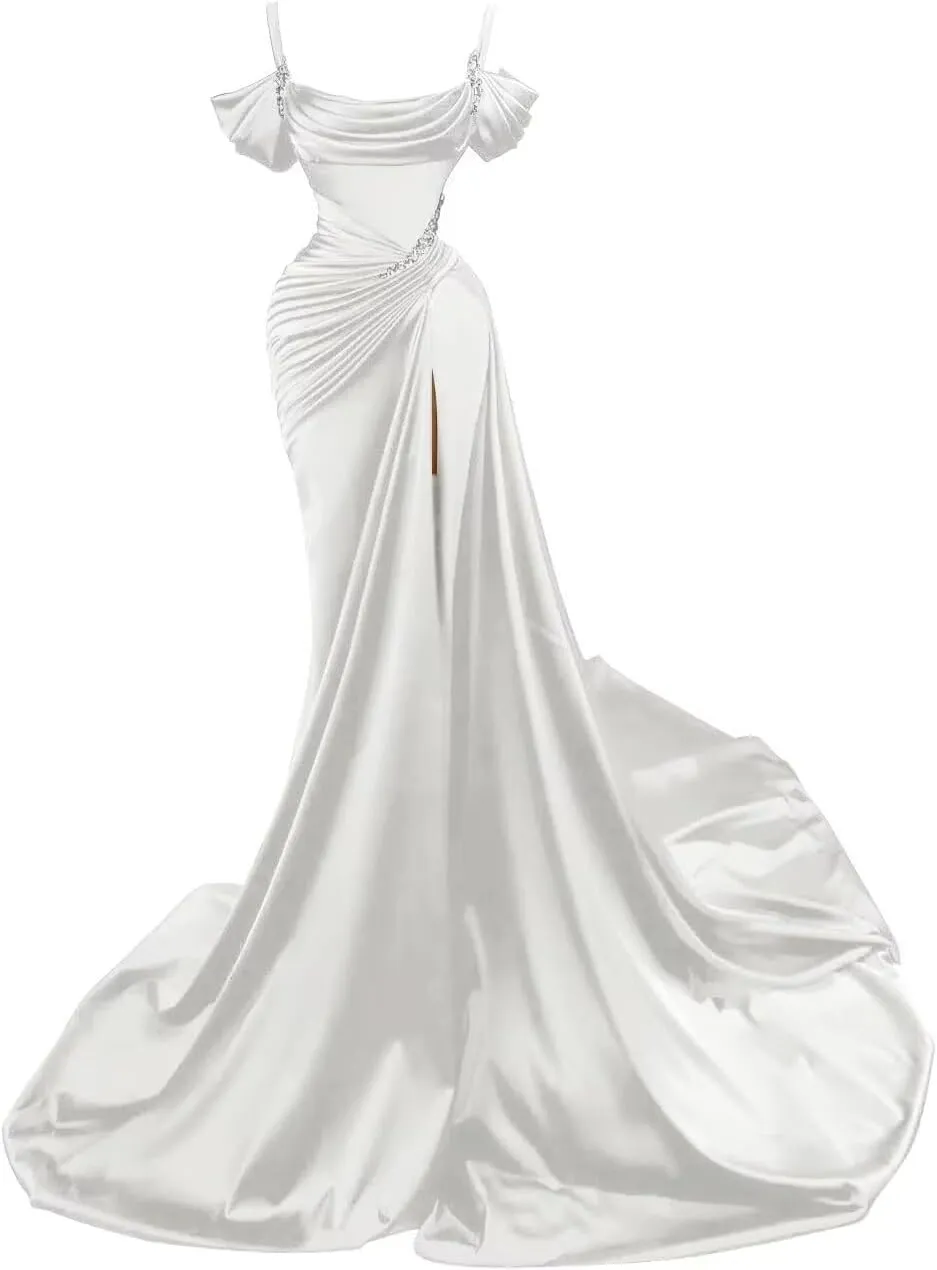 Satin Mermaid Prom Dress 2025 Long Spaghtti Straps Beaded Sparkly Wedding Dresses Split Ball Gowns for Women Formal