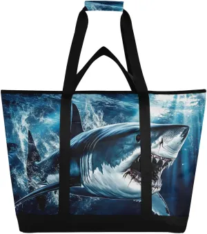 Scary Big Fish Ocean Large Insulated Tote Bag for Grocery Shopping Reusable Tote Bags for Women Men, Cooler Bag with Zippered Top & Handles for Beach Picnic Travel