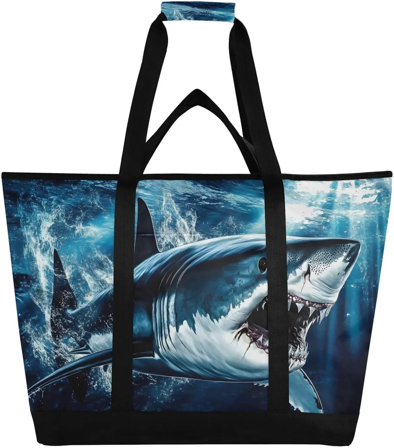 Scary Big Fish Ocean Large Insulated Tote Bag for Grocery Shopping Reusable Tote Bags for Women Men, Cooler Bag with Zippered Top & Handles for Beach Picnic Travel