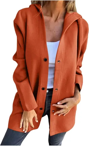 sdbrld Jackets for Women Trendy Fall Casual Single Breasted Hooded Clothes Plus Size Lapel Neck Long Sleeve Solid Trench Coat
