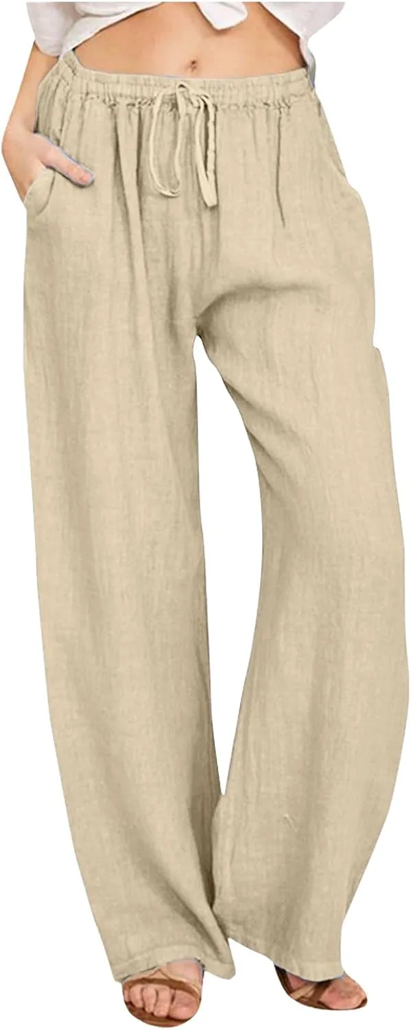 sdbrld Linen Pants Women Summer Trendy Casual High Waist Trousers Drawstring Loose Fit Lightweight Long Palazzo Gauze Pants