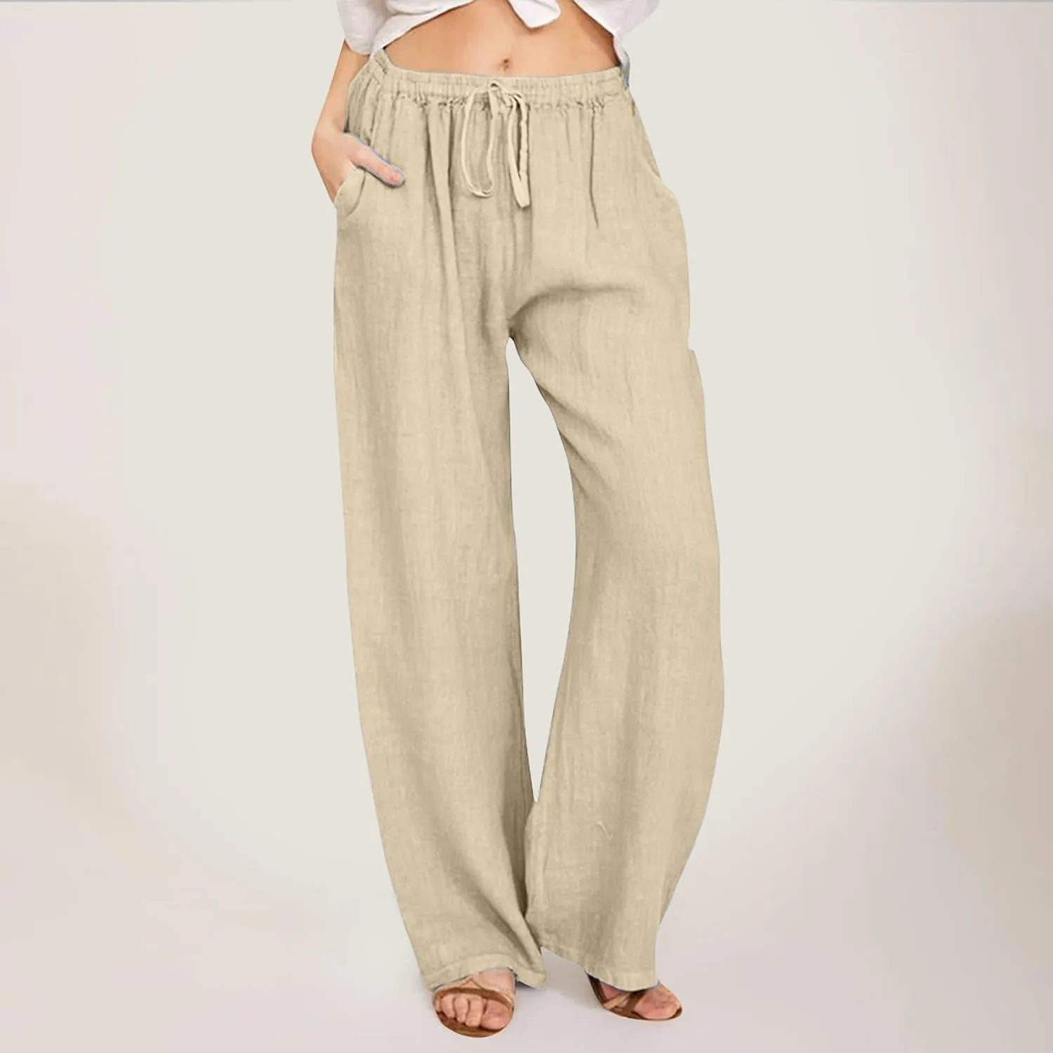 sdbrld Linen Pants Women Summer Trendy Casual High Waist Trousers Drawstring Loose Fit Lightweight Long Palazzo Gauze Pants
