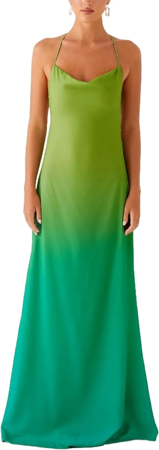 Seyumixi Womens Tie Dye Maxi Dress Y2k Gradient Spaghetti Strap Backless Slim Long Slip Dresses Summer Party Beach Dress