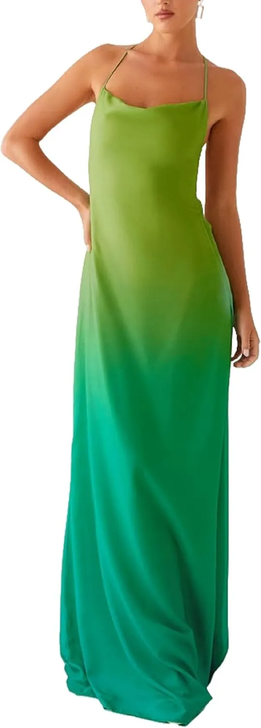 Seyumixi Womens Tie Dye Maxi Dress Y2k Gradient Spaghetti Strap Backless Slim Long Slip Dresses Summer Party Beach Dress