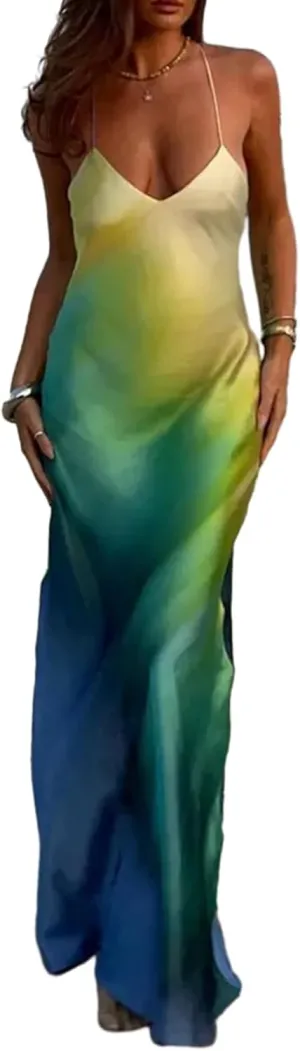 Seyumixi Womens Tie Dye Maxi Dress Y2k Gradient Spaghetti Strap Backless Slim Long Slip Dresses Summer Party Beach Dress