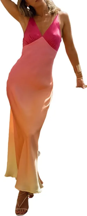 Seyumixi Womens Tie Dye Maxi Dress Y2k Gradient Spaghetti Strap Backless Slim Long Slip Dresses Summer Party Beach Dress
