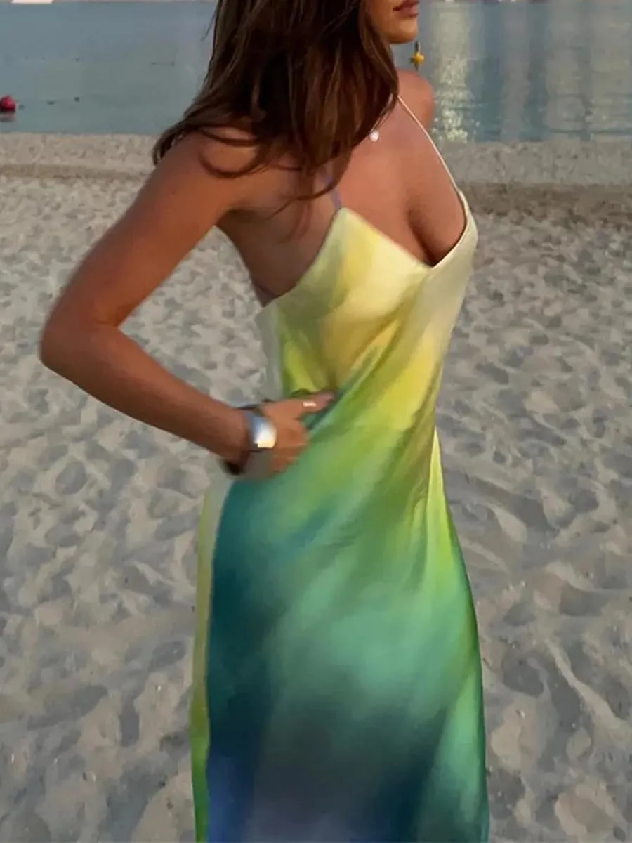 Seyumixi Womens Tie Dye Maxi Dress Y2k Gradient Spaghetti Strap Backless Slim Long Slip Dresses Summer Party Beach Dress