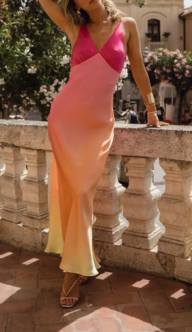 Seyumixi Womens Tie Dye Maxi Dress Y2k Gradient Spaghetti Strap Backless Slim Long Slip Dresses Summer Party Beach Dress