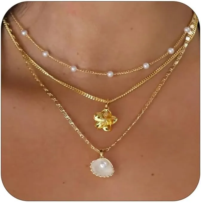 Shell Necklace for Women Gold Layered Conch Seashell Starfish Pendant Necklace Boho Summer Beach Vacation Jewelry for Women