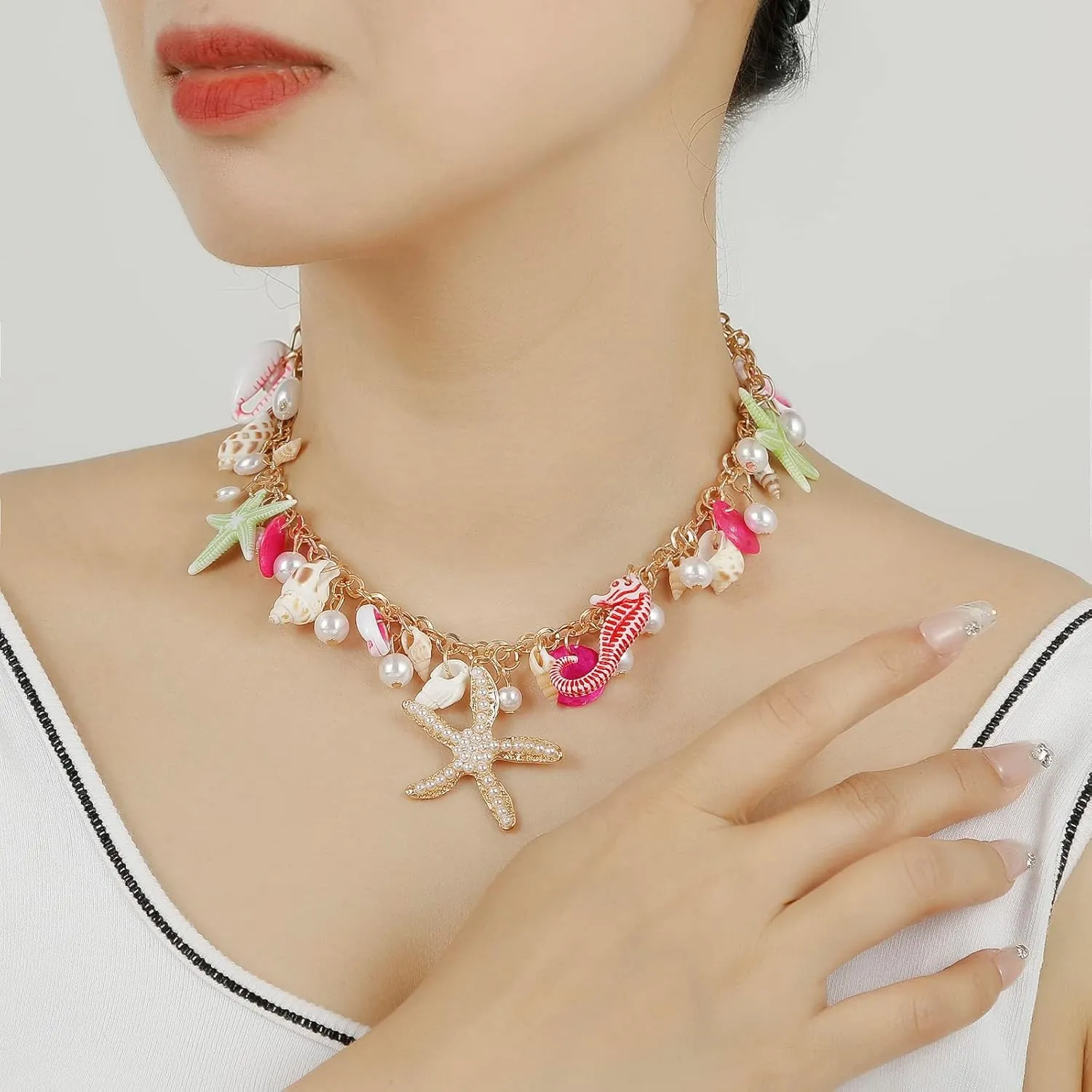 Shell Starfish Necklace Bracelet Conch Statement Chunky Necklace Mermaid Costume Jewelry Beach Jewelry for Women