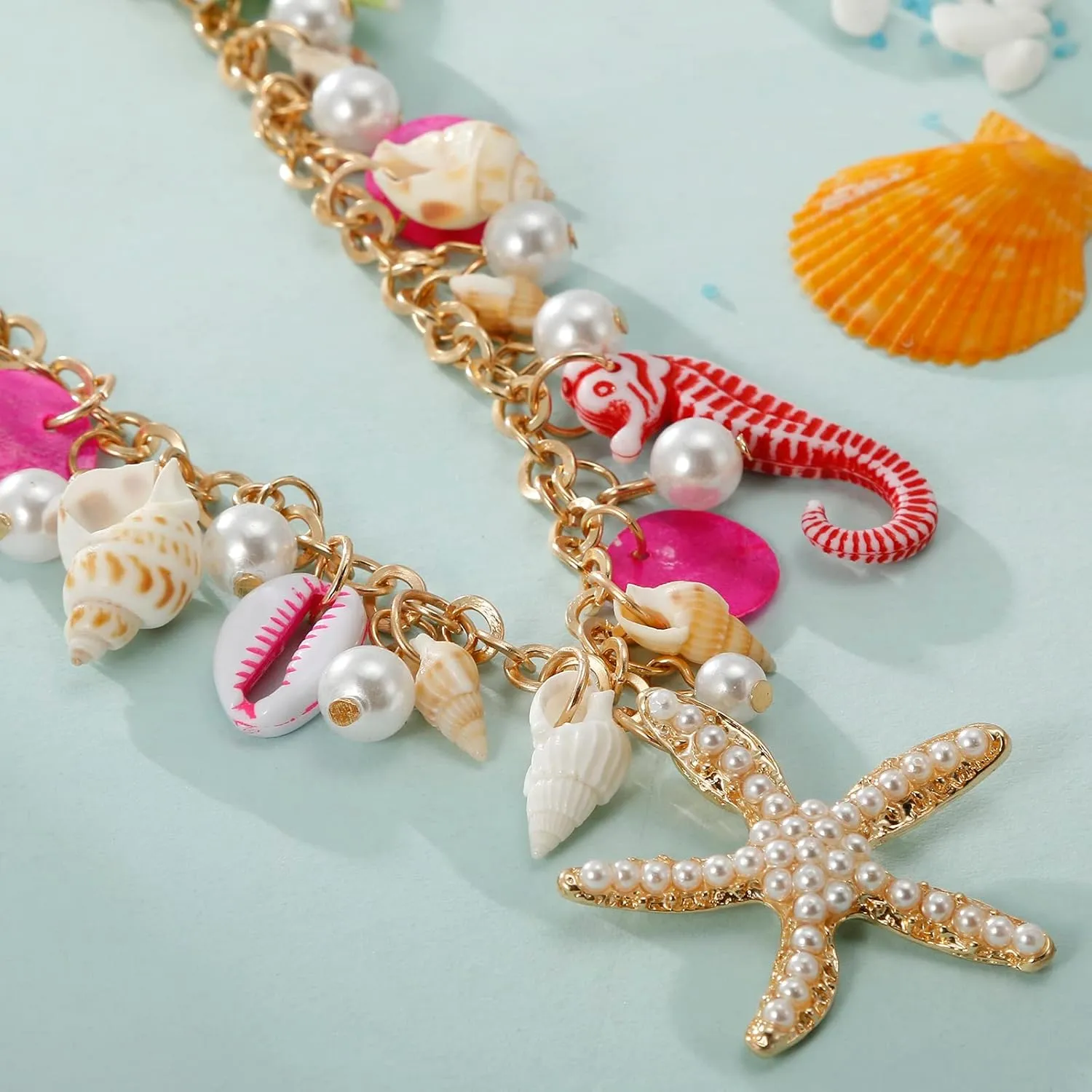 Shell Starfish Necklace Bracelet Conch Statement Chunky Necklace Mermaid Costume Jewelry Beach Jewelry for Women