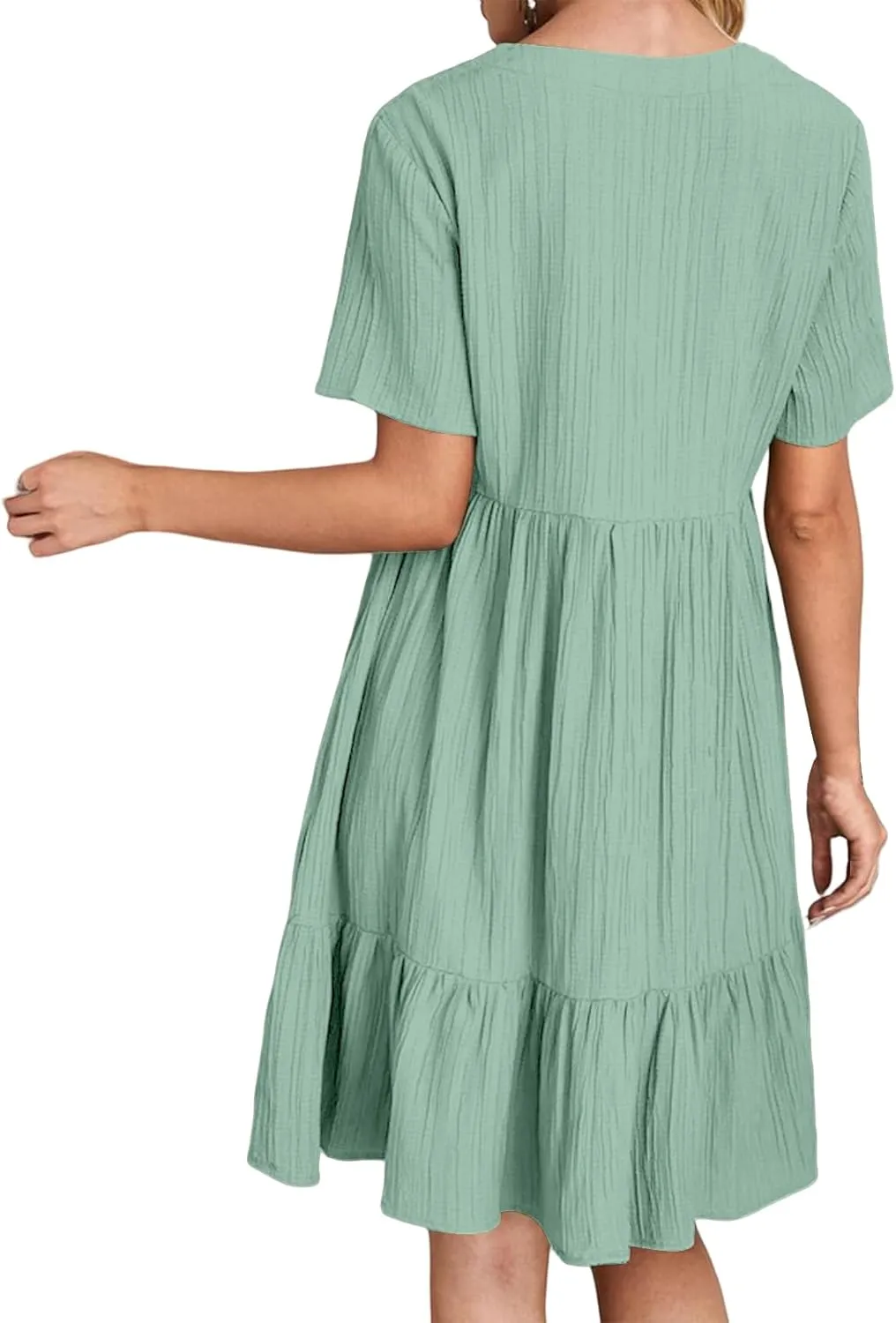 Short Sleeve Dress for Women Casual Summer V Neck Loose Ruffle Midi Dresses Solid Flowy Tiered Swing Beach Sundress