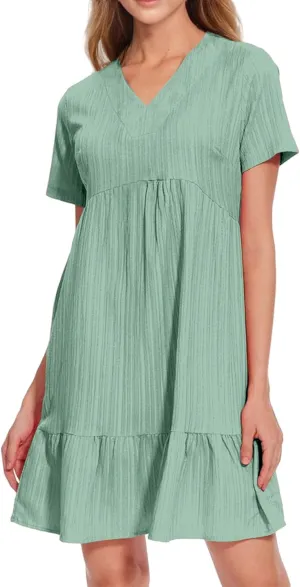 Short Sleeve Dress for Women Casual Summer V Neck Loose Ruffle Midi Dresses Solid Flowy Tiered Swing Beach Sundress