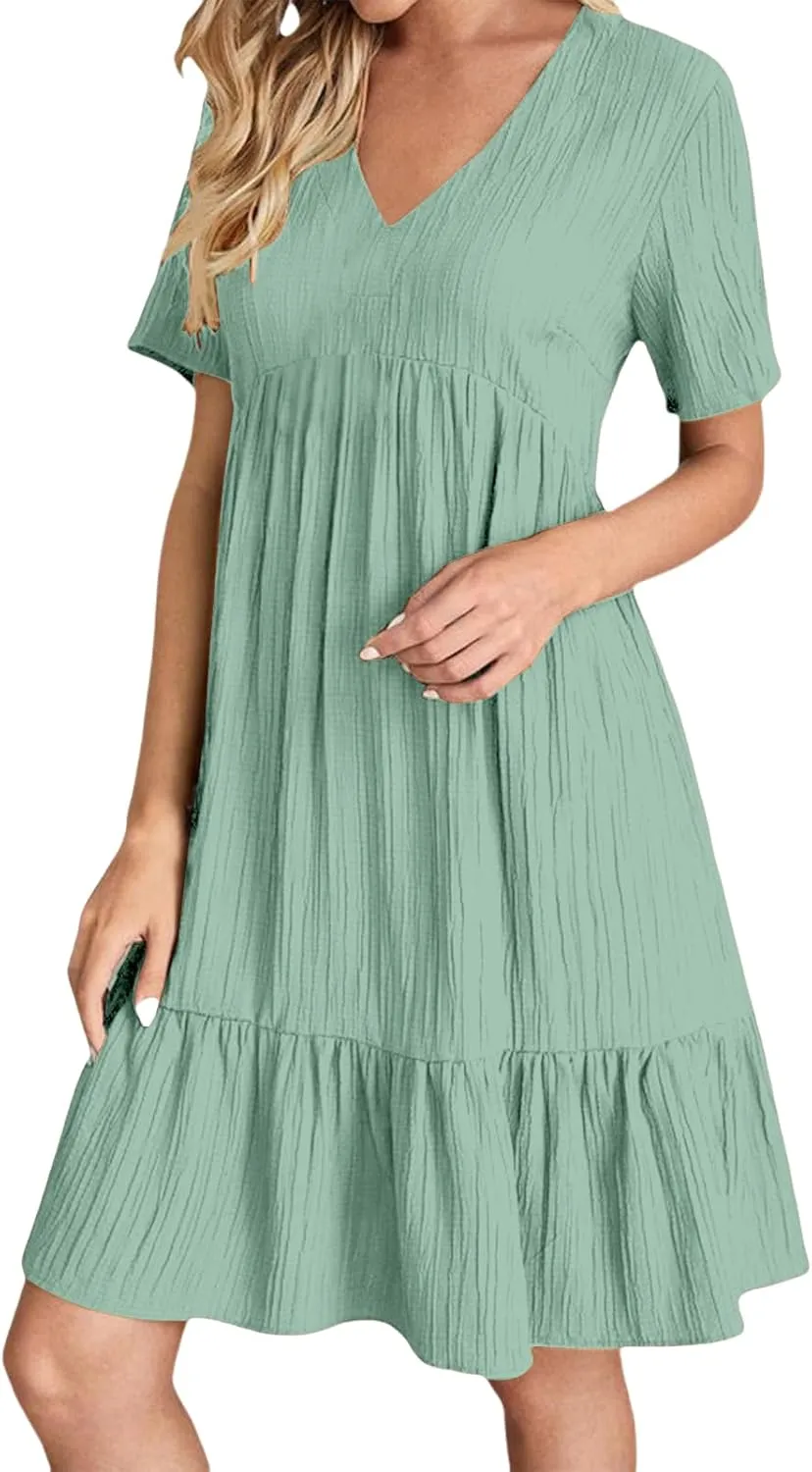 Short Sleeve Dress for Women Casual Summer V Neck Loose Ruffle Midi Dresses Solid Flowy Tiered Swing Beach Sundress