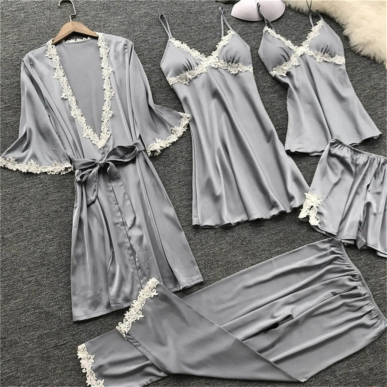 Silk Pajamas for Women Sexy 5pcs Summer Satin Sleepwear Set Lace Trim Robe Cami Shorts Pants Dress Soft Loungwear Set