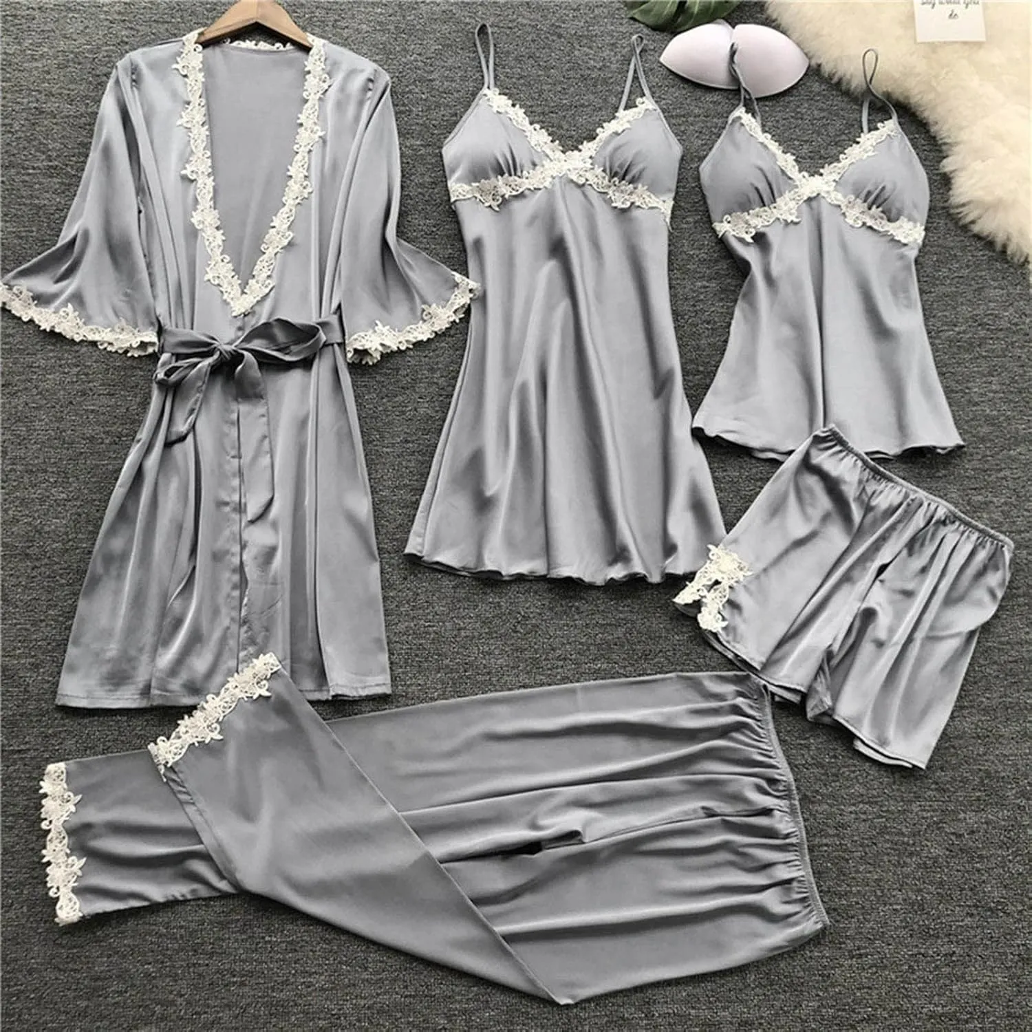Silk Pajamas for Women Sexy 5pcs Summer Satin Sleepwear Set Lace Trim Robe Cami Shorts Pants Dress Soft Loungwear Set