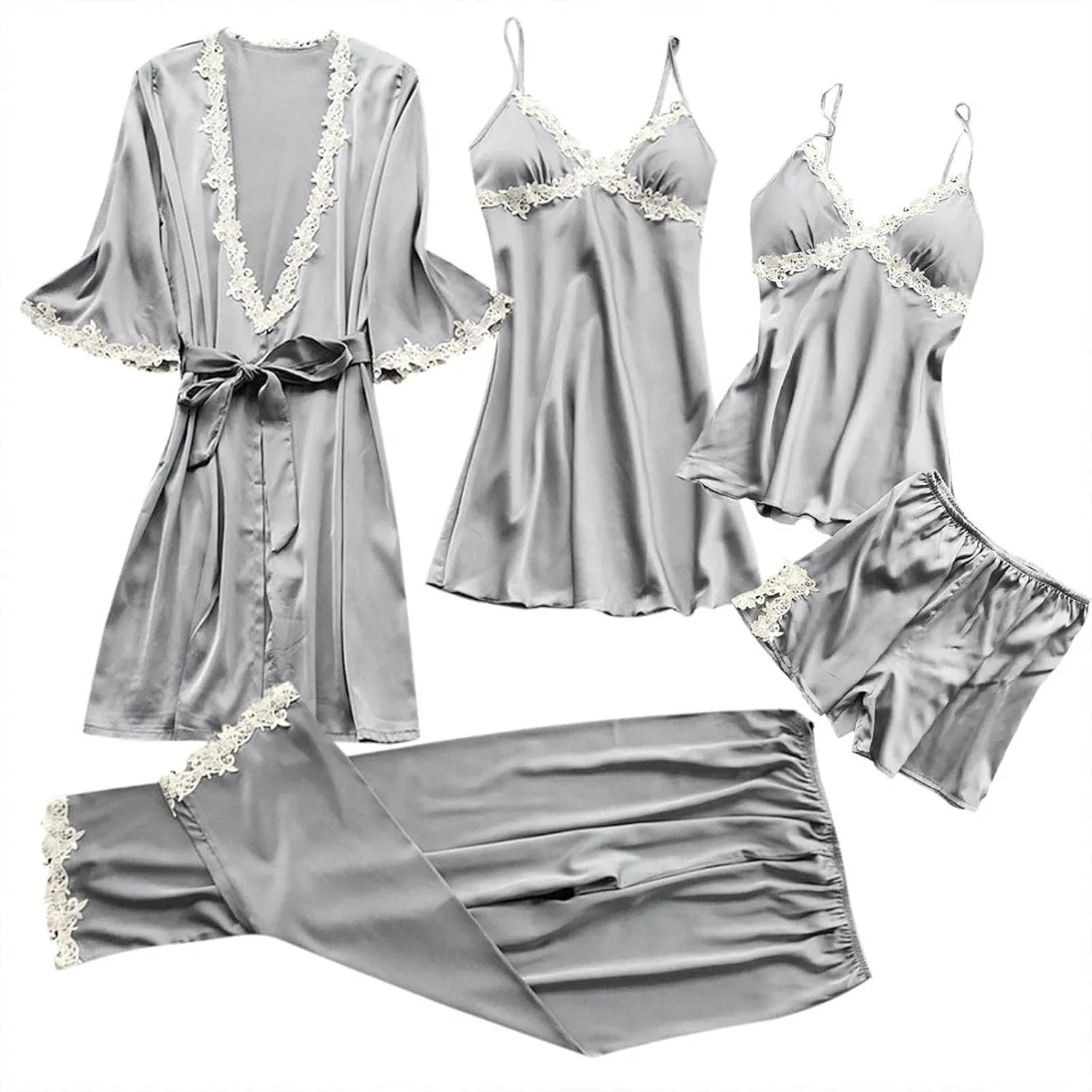Silk Pajamas for Women Sexy 5pcs Summer Satin Sleepwear Set Lace Trim Robe Cami Shorts Pants Dress Soft Loungwear Set