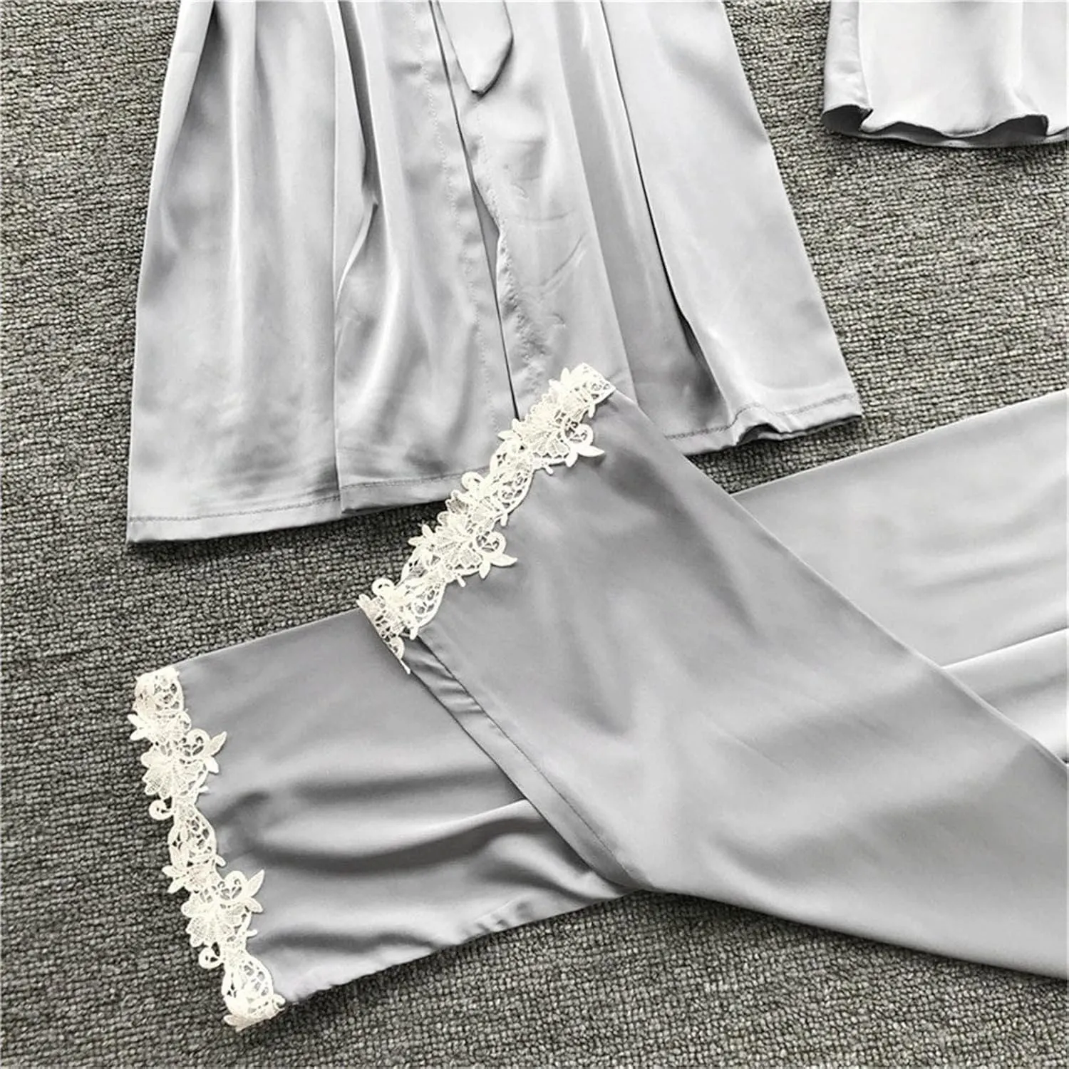 Silk Pajamas for Women Sexy 5pcs Summer Satin Sleepwear Set Lace Trim Robe Cami Shorts Pants Dress Soft Loungwear Set