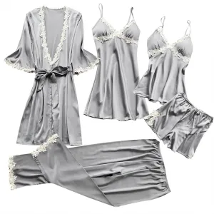 Silk Pajamas for Women Sexy 5pcs Summer Satin Sleepwear Set Lace Trim Robe Cami Shorts Pants Dress Soft Loungwear Set