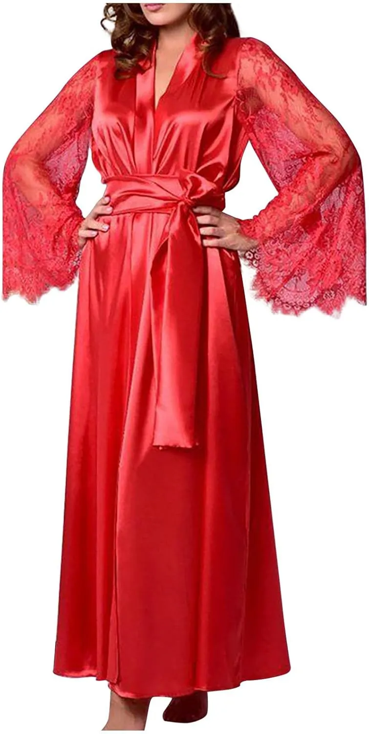 Silk Robes for Women Satin Silky Lace Bathrobe Sleepwear Wedding Bridal Long Sleeve Soft Nightwear with Pocket