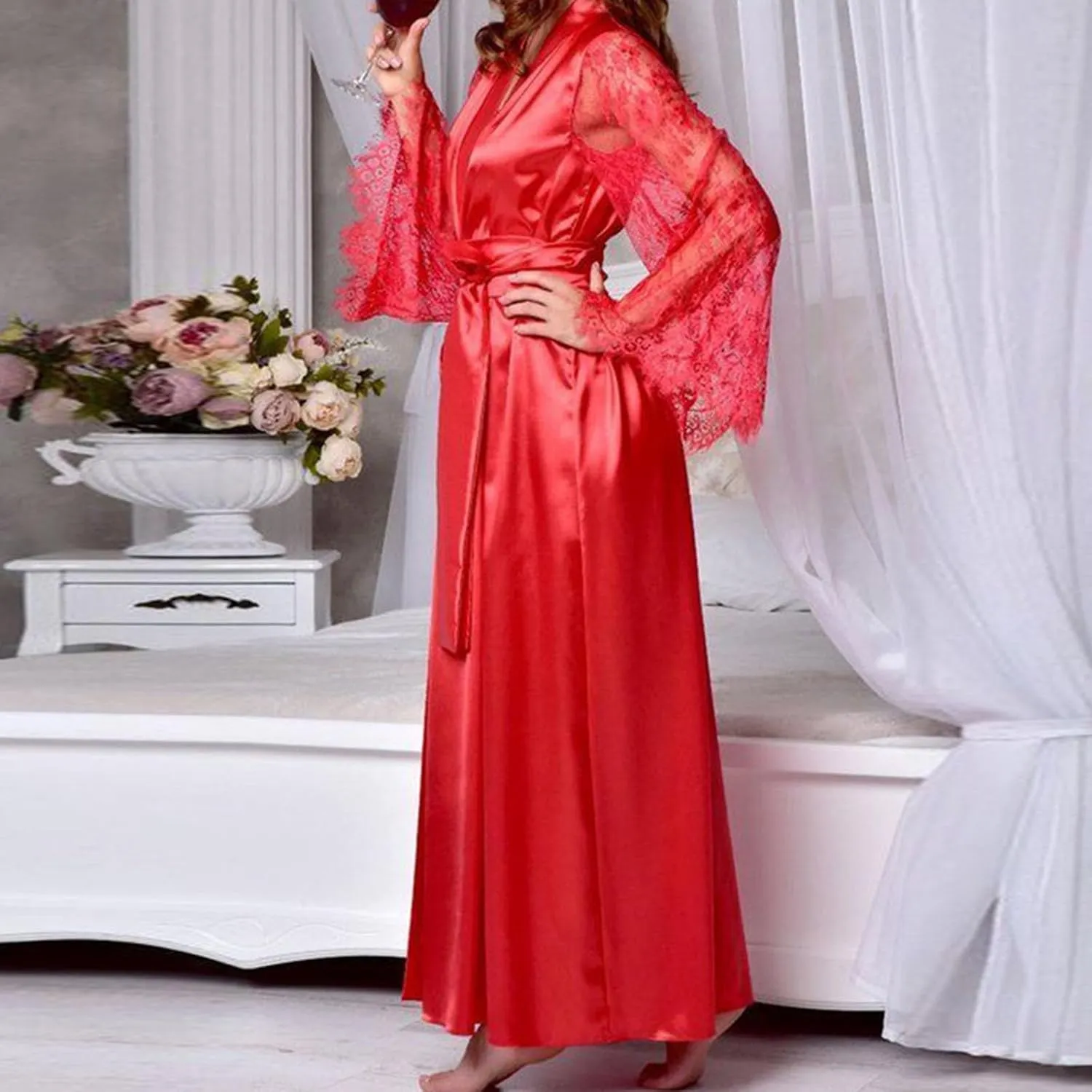 Silk Robes for Women Satin Silky Lace Bathrobe Sleepwear Wedding Bridal Long Sleeve Soft Nightwear with Pocket