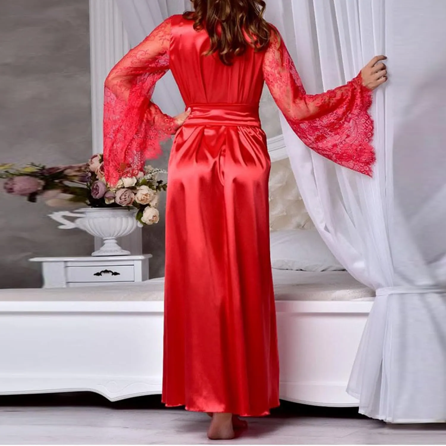 Silk Robes for Women Satin Silky Lace Bathrobe Sleepwear Wedding Bridal Long Sleeve Soft Nightwear with Pocket