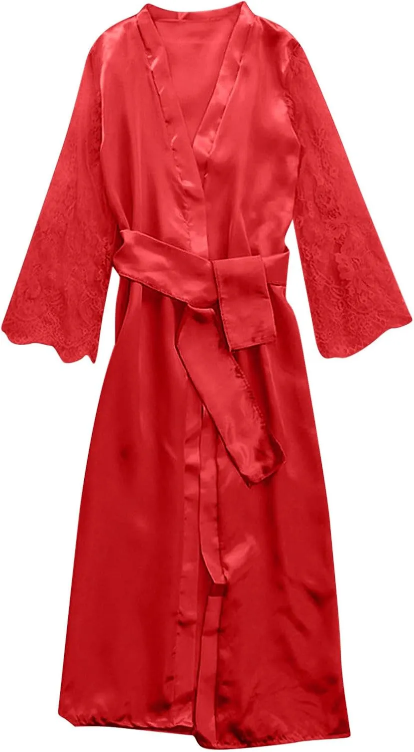 Silk Robes for Women Satin Silky Lace Bathrobe Sleepwear Wedding Bridal Long Sleeve Soft Nightwear with Pocket