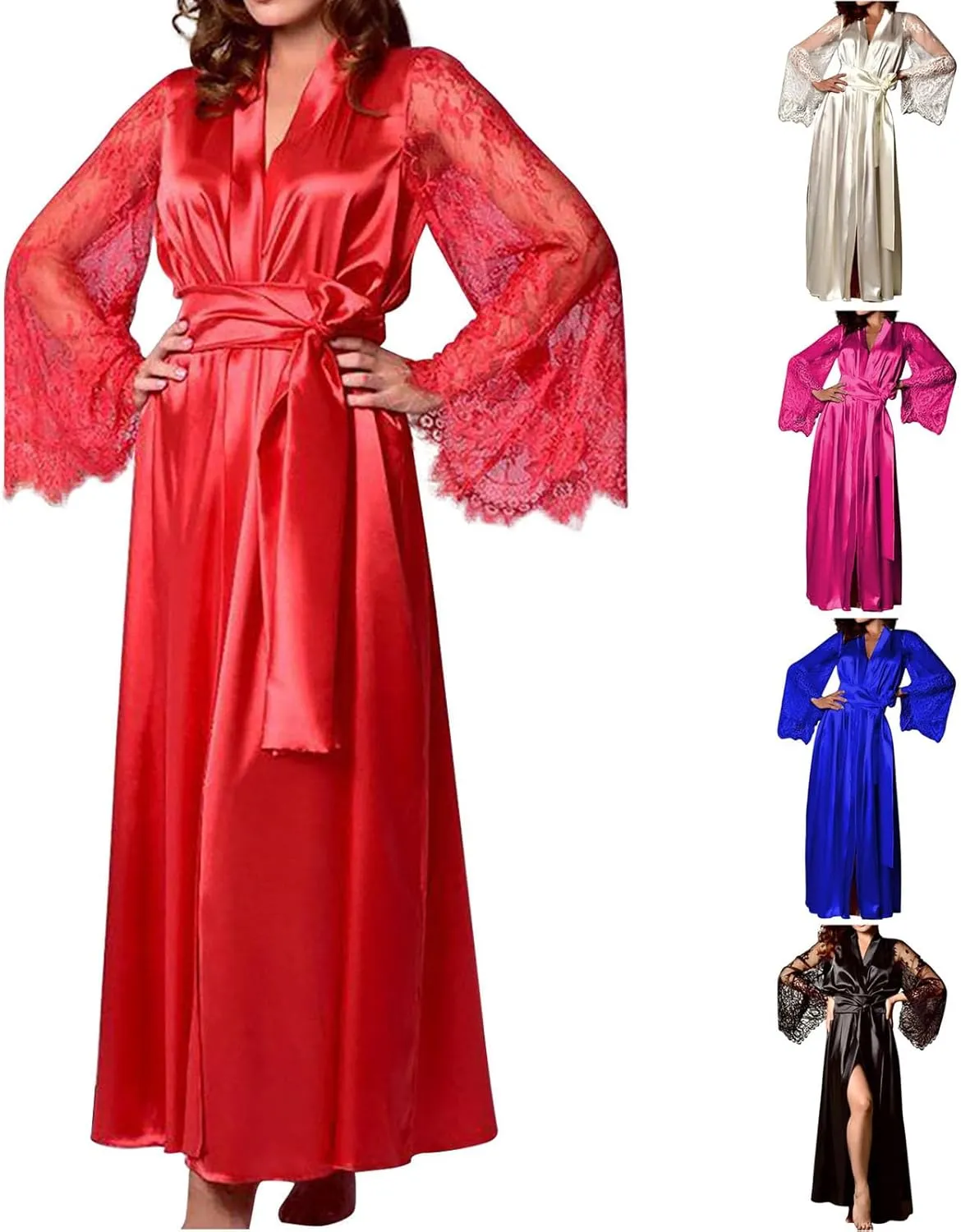 Silk Robes for Women Satin Silky Lace Bathrobe Sleepwear Wedding Bridal Long Sleeve Soft Nightwear with Pocket
