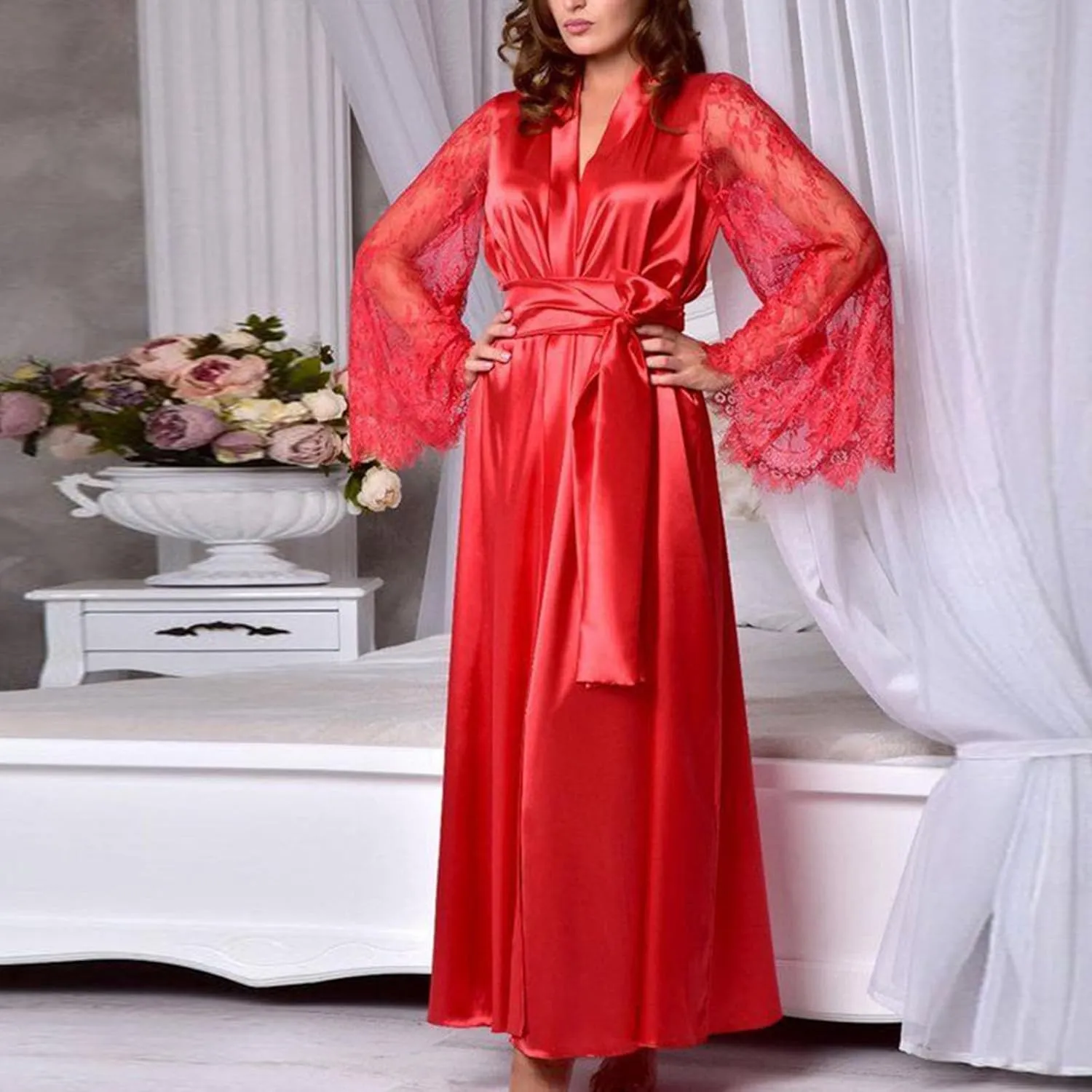 Silk Robes for Women Satin Silky Lace Bathrobe Sleepwear Wedding Bridal Long Sleeve Soft Nightwear with Pocket