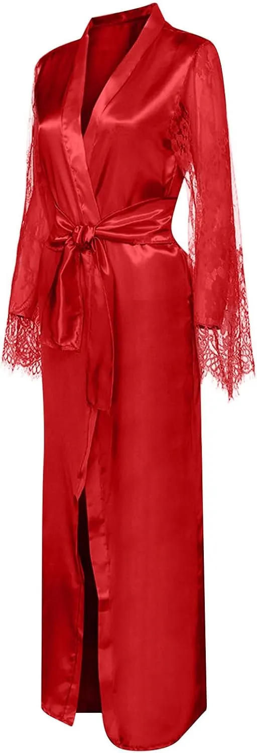 Silk Robes for Women Satin Silky Lace Bathrobe Sleepwear Wedding Bridal Long Sleeve Soft Nightwear with Pocket
