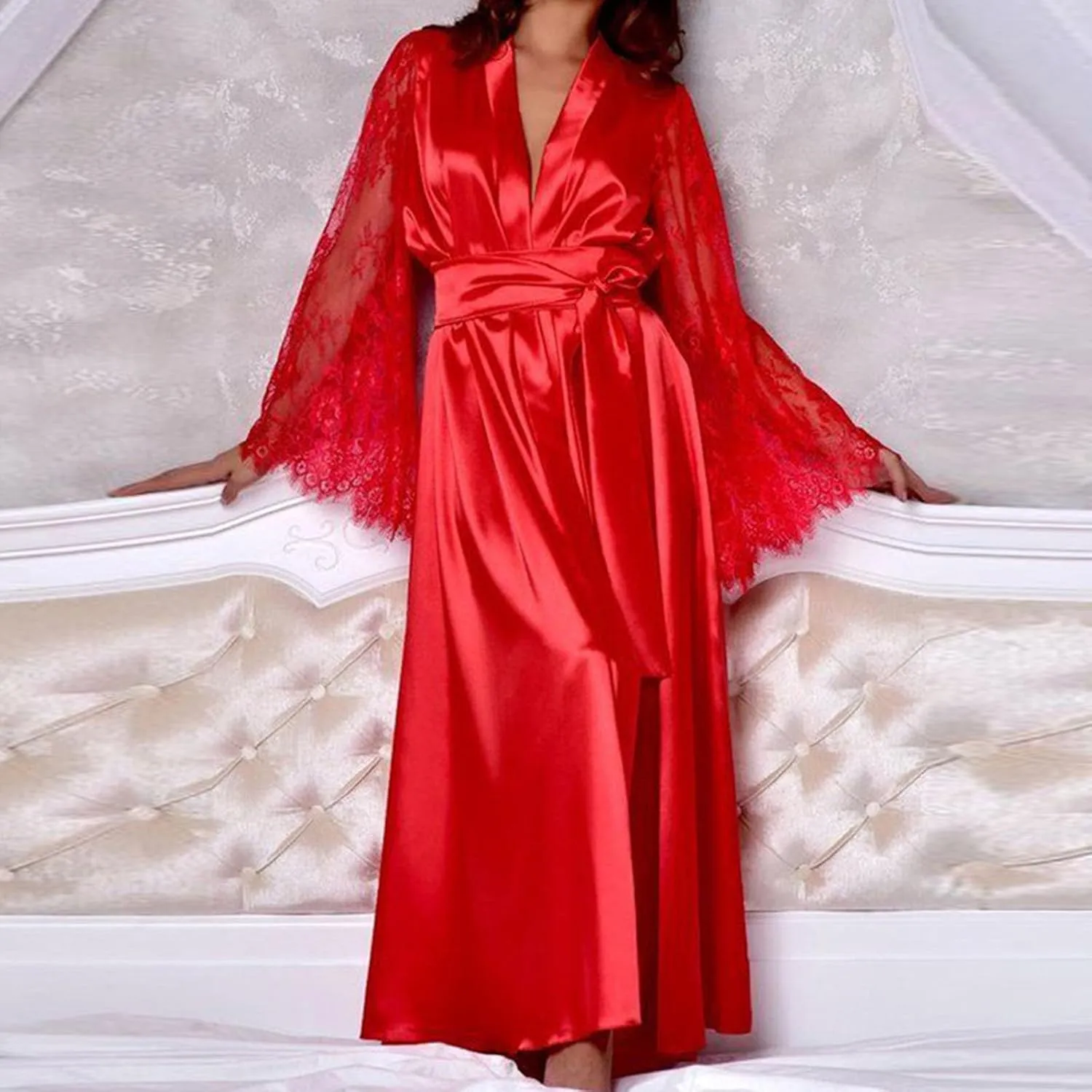 Silk Robes for Women Satin Silky Lace Bathrobe Sleepwear Wedding Bridal Long Sleeve Soft Nightwear with Pocket