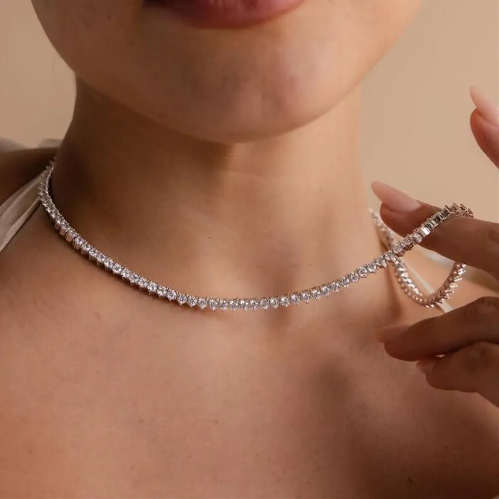 Silver Jewelry Set Tennis Necklaces for Women Sterling Silver Wedding Jewelry Sets for Brides Rhinestone Choker Necklace and Earring Set Bridal Prom Jewelry Set Accessories