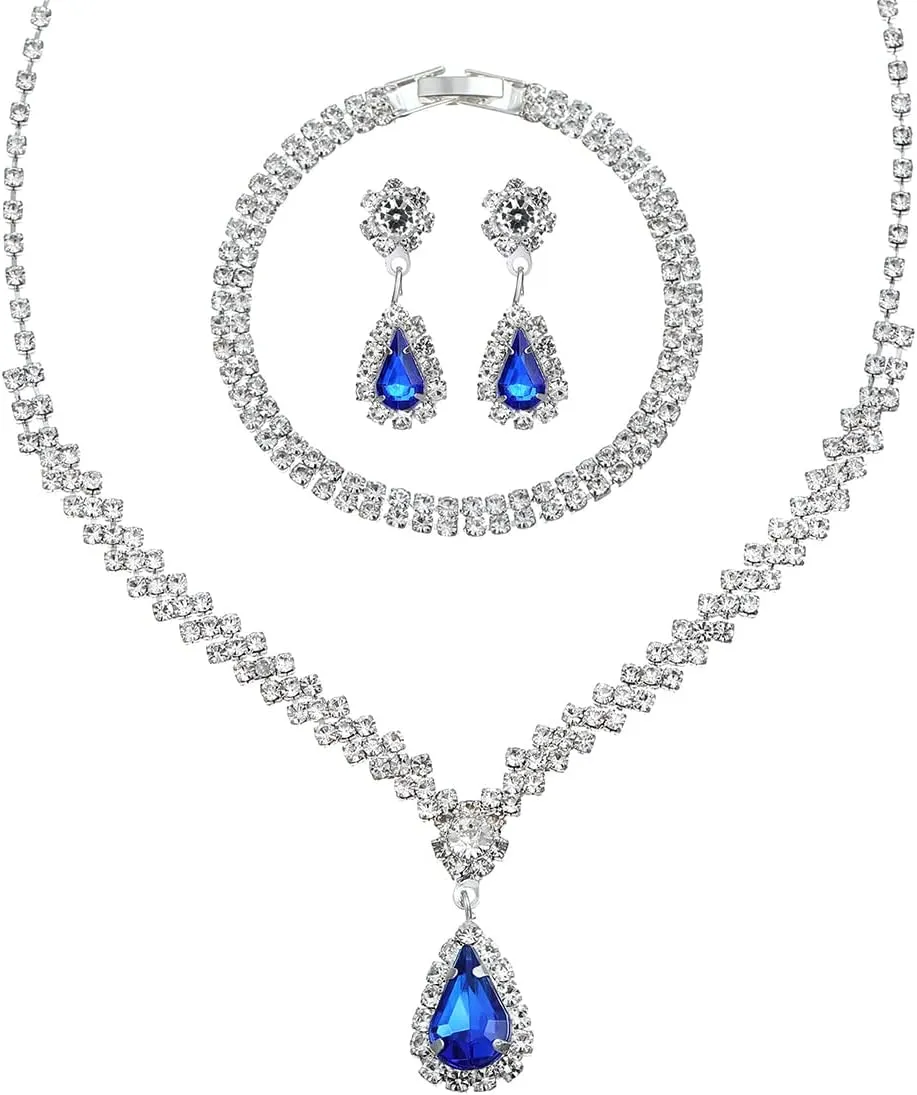 Silver Prom Jewelry Sets for Women Elegant Silver Crystal Wedding Necklace Earrings Bracelet Jewelry Set for Women Costume Party Bride Bridesmaid Wedding Prom Jewelry Gifts