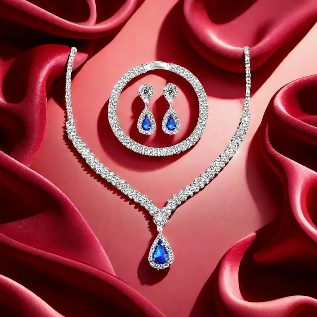 Silver Prom Jewelry Sets for Women Elegant Silver Crystal Wedding Necklace Earrings Bracelet Jewelry Set for Women Costume Party Bride Bridesmaid Wedding Prom Jewelry Gifts