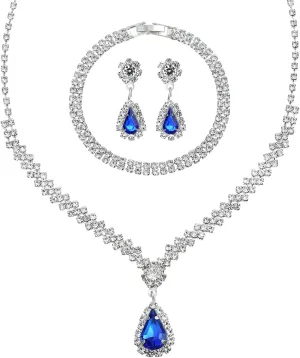 Silver Prom Jewelry Sets for Women Elegant Silver Crystal Wedding Necklace Earrings Bracelet Jewelry Set for Women Costume Party Bride Bridesmaid Wedding Prom Jewelry Gifts