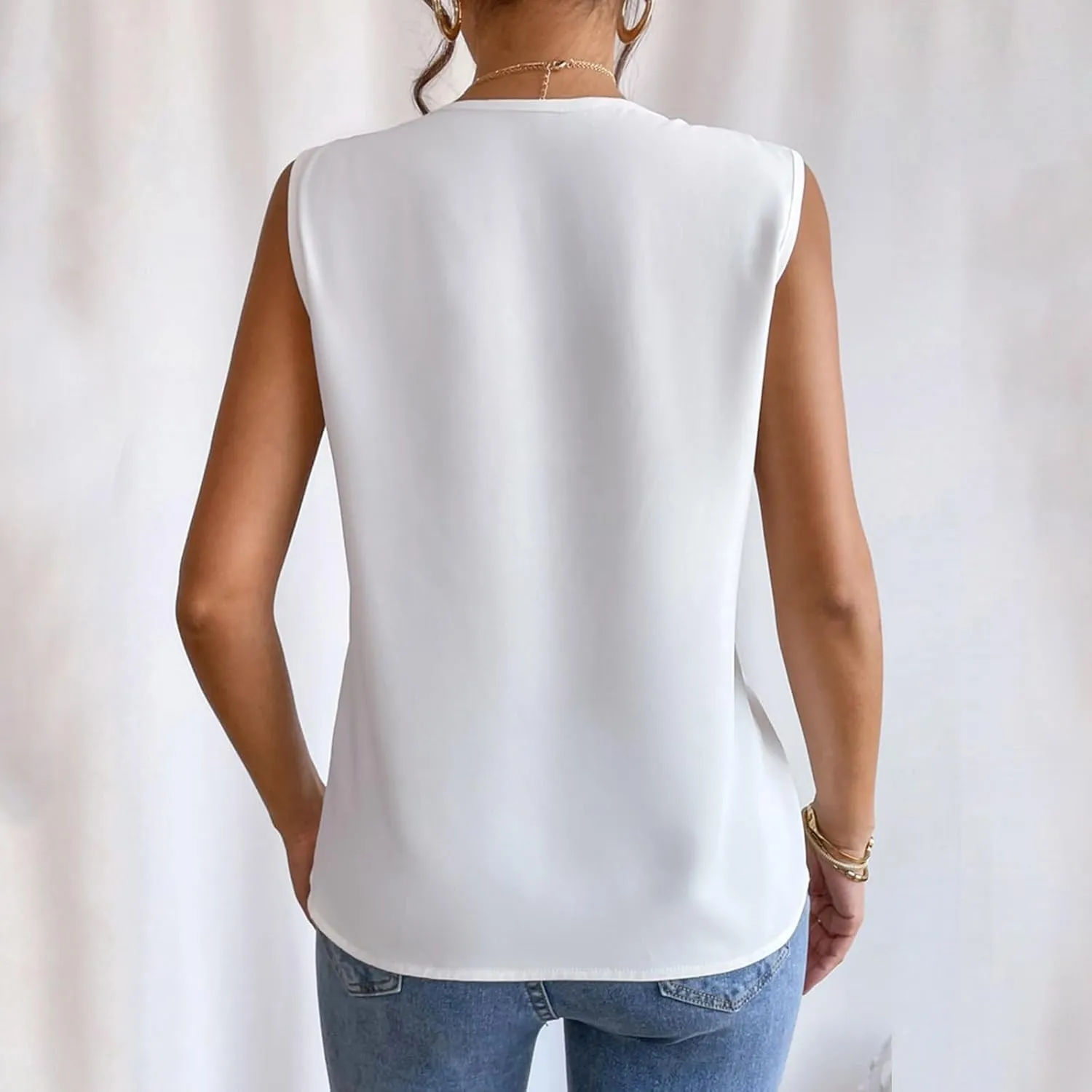 Sleeveless Chiffon Tops for Women Summer Triple V-Neck T Shirts Business Office Dressy Outfit Blouse Scalloped Top