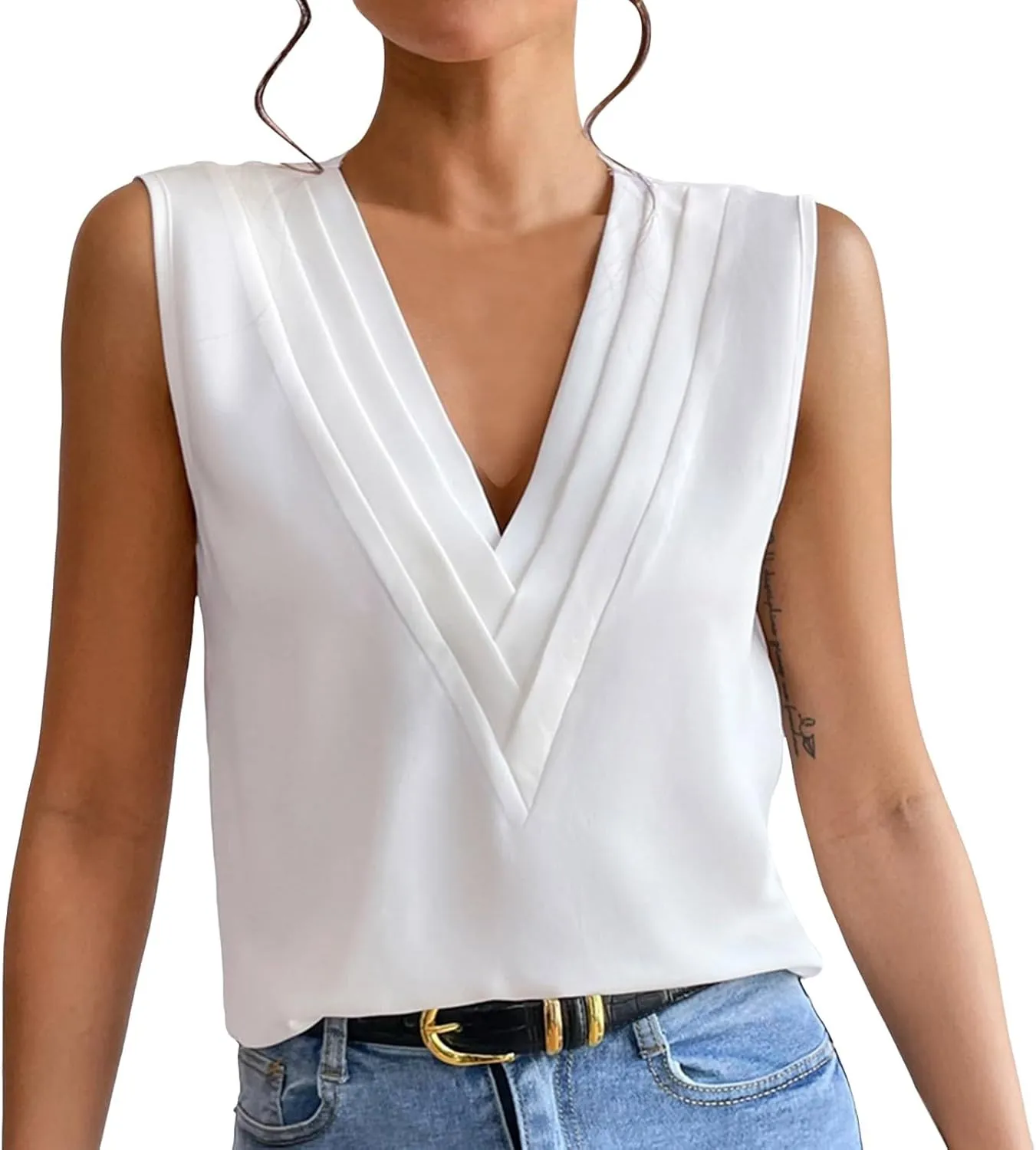 Sleeveless Chiffon Tops for Women Summer Triple V-Neck T Shirts Business Office Dressy Outfit Blouse Scalloped Top